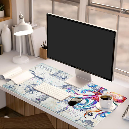Large Gaming Mouse Pad, Grey Desk Mat for Desktop, Non-Slip Octopus Design, 31.5" x 15.7", Cool Computer Desk Pad