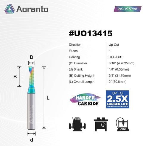 UO13415 3/16" 1/4" 3/16 Inch 5/8 Inch Single O-Flute CNC Router Bit Shank, Industrial Quality Extra Long Life Coating