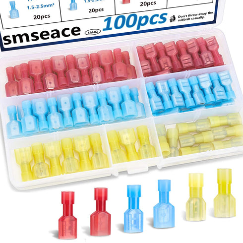smseace 100Pcs Spade Connectors Kit, 22-10AWG Male/Female Quick Connect/Disconnect Electrical Connectors