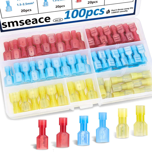 smseace 100Pcs Spade Connectors Kit, 22-10AWG Male/Female Quick Connect/Disconnect Electrical Connectors