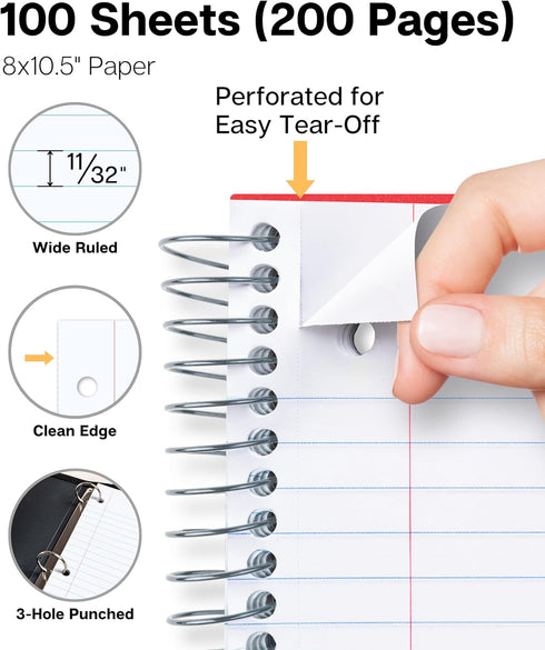 Dunwell Red Wide Ruled Spiral Notebook, 1 Subject, 100 Sheets, Plastic Cover, Perforated Pages, Poly Pocket Folder