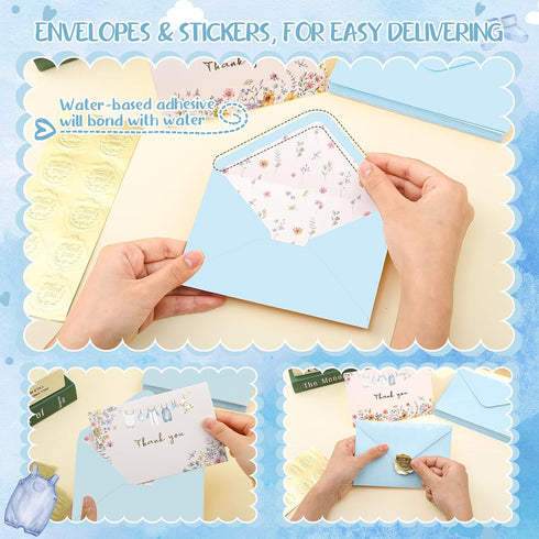 50 Pack Set Thboxes Blue Baby Shower Thank You Cards with Envelopes and Stickers for Boy, Thank You Notes