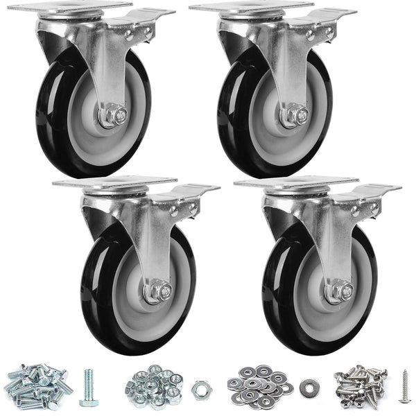 Finnhomy 5 Inch Heavy Duty Caster Wheels Set of 4 Plate Swivel Casters with Brake PU Wheels for Furniture/Workbench