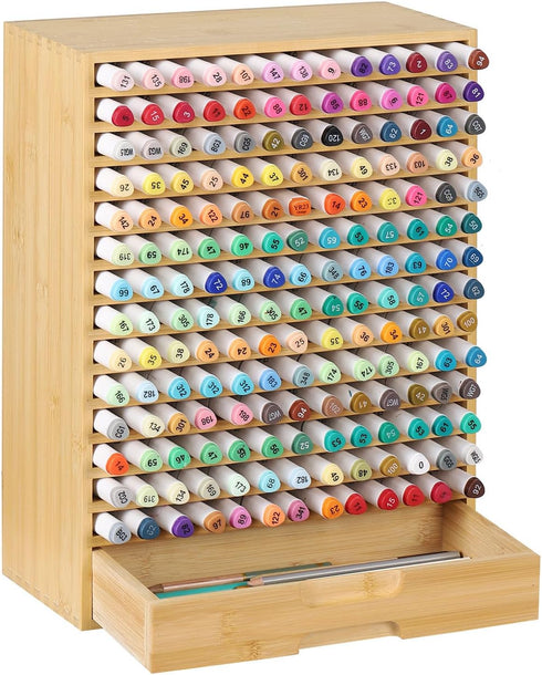 AUTOARK Natural Bamboo Marker Organizer with Drawer,182 Slots,Large Art Supply Storage for