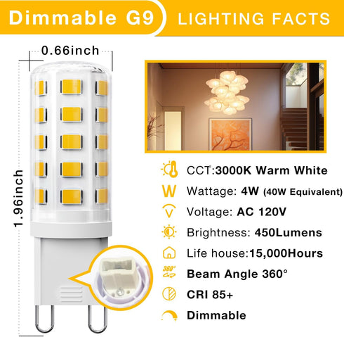 6 Pack Dimmable G9 Bulb 4W (40 3000K G9 Bulb T4 G9 Bulbs Chandelier,120V 450LM 360 G9 Bulb DAYBEETER LED Watt