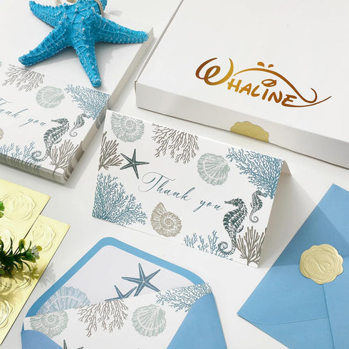 50 Summer 4 6 Inch Whaline Pcs Ocean Sea Thank You Cards Blue Coral Seashell Greeting Card with Envelope Sticker Blank
