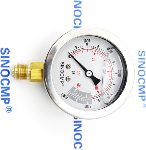 SINOCMP 40Mpa/0-400bar/0-6000PSI Multi Purpose Double Scale Stainless Steel Glycerin Filled Hydraulic Pressure Gauge