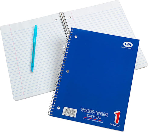 EPI Spiral Notebook, 1 Subject, Wide Ruled Paper, 70 Sheets, Blue, 3 Pack