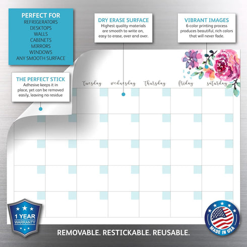 Dry Erase Monthly Calendar Planner Sticker Decal - Removable & Reusable with Magnetic Fine-Tip Marker (9 x 12 inches,