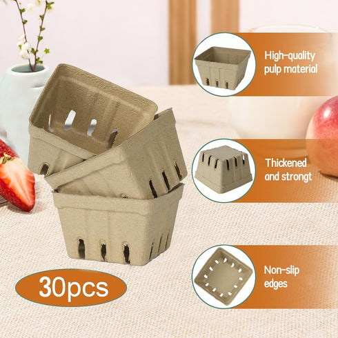 DADAB 30 Pack Natural Pulp Fiber Berry Basket, Molded Produce Vented Basket Kitchen Supplies for Strawberry Blueberry