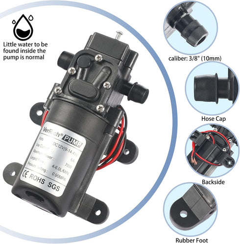 VerRich 12V Diaphragm Pump, 70W 6A Self Priming Sprayer Pump, 6 L/Min 0.9MPA 131 PSI for RV, Camper, Marine, Garden
