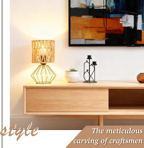 Set 2, Hamilyeah Gold Table Lamps of Boho Rattan Bedside Lamps with Woven Lamp Shade, Modern Farmhouse Desk Lamps