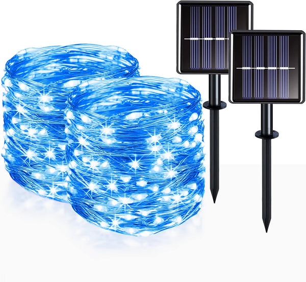 suddus 2 Pack 33ft Solar Fairy String Lights, 100 LED Blue Copper Wire for Outdoor Garden, Party Decorations
