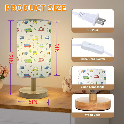 HAKSEIFA 3 Car Kids Table Lamp for Bedroom Boys Bedside Lamps Colors Wooden Nightstand Night Light with Cartoon Linen