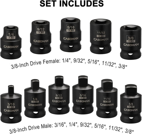 3/8-inch Set, Drive,11 Set CASOMAN Drive Pipe Plug Socekt SAE, CR-MO, Tapered Male Square Drive, Chamfered Female