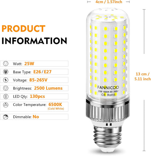 E26 LED Bulb, 25W Corn Light Bulb, 200W Equivalent, 6500K Cool Daylight White, Pack of 3, Flicker Free