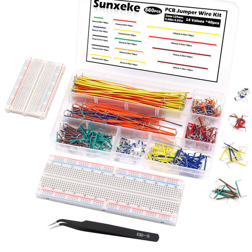 560Pcs Breadboard and Jumper Wire Kit, PCB Circuit Board Assortment with Tweezers and Plastic Box