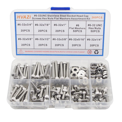 #6-32 UNC Stainless Steel Hex Socket Head Cap Screws, Hex Nuts, Flat Washers Assortment Kit