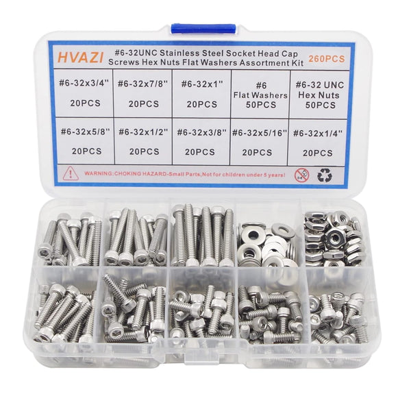 #6-32 UNC Stainless Steel Hex Socket Head Cap Screws, Hex Nuts, Flat Washers Assortment Kit