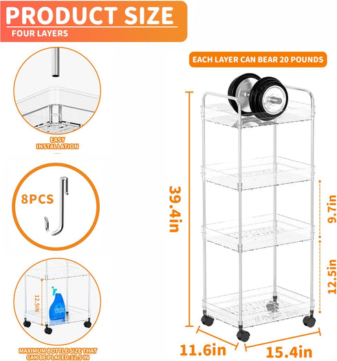 Yieach 4 Tier Acrylic Clear Rolling Cart with Wheels,Plastic Storage Cart on Wheels for Bedside,Dorm Room,Bathroom