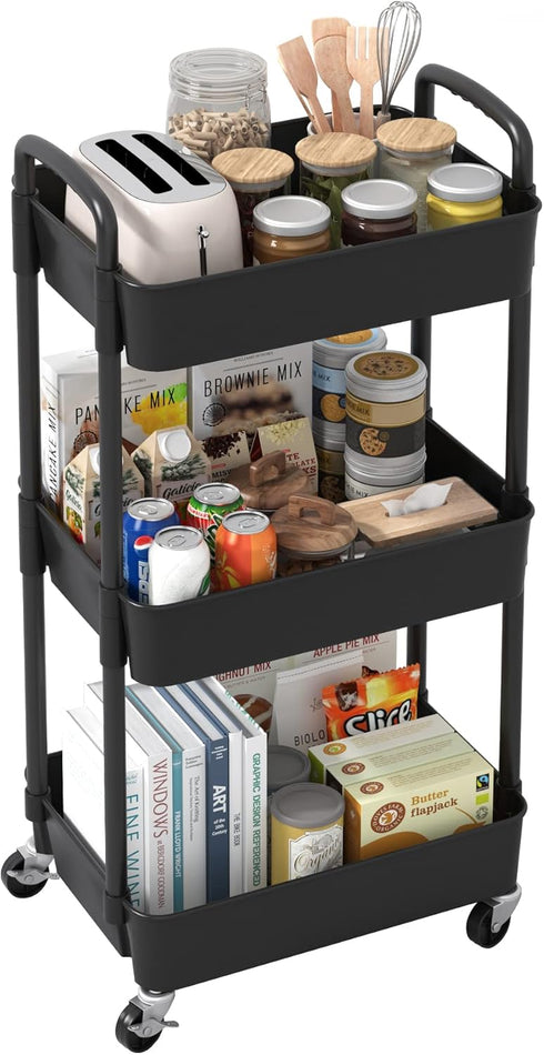 Sywhitta 3-Tier Black Plastic Rolling Utility Cart with Handle, Movable Storage Trolley for Office, Kitchen, Living Room