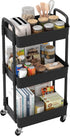 Sywhitta 3-Tier Black Plastic Rolling Utility Cart with Handle, Movable Storage Trolley for Office, Kitchen, Living Room