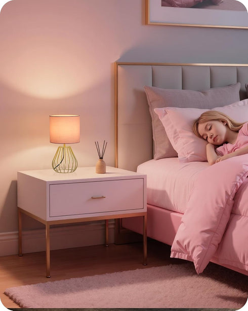 2700K Bulb DP06TL05 Pink and Gold Table Lamp, Small Bedside Lamp with Metal Base & Pink Linen Lampshade, Modern