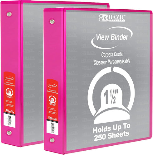 BAZIC 3 Ring Binder 1.5" Economy View Binders Organizer - Fuchsia, Round Ring, Holds 250 Sheets, 2-Count