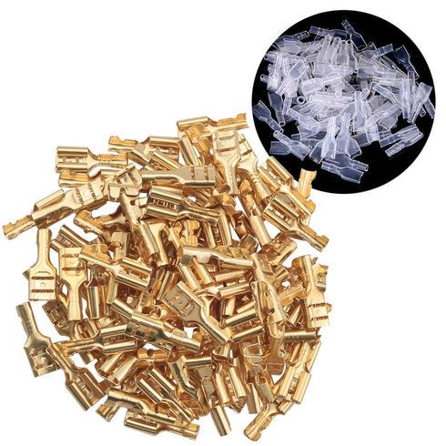 100PCS Brass Crimp Terminals with Insulated Sleeves for Low Voltage Projects, Audio 4.8mm