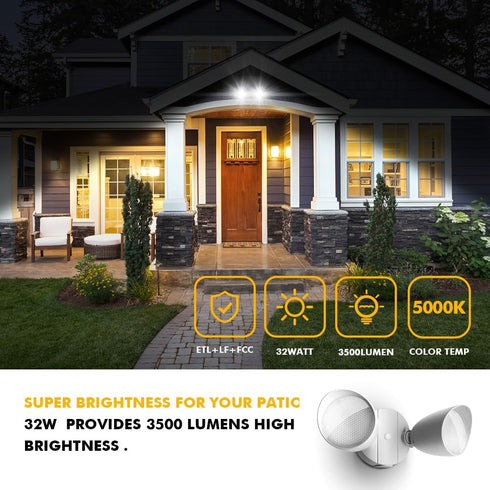 6222W 3500 32 28 LUTEC Lumen Watt LED Dual-Head Floodlight Outdoor, Full Metal Design, Waterproof Exterior Security