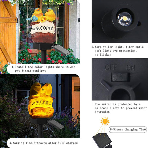 Solar Decor Lights, Welcome Birds Solar Powered Outdoor Garden Light, Resin Animal LED Lights with Stake, Waterproof Solar Stake Lights Decoration for Patio Yard Art Garden Lawn (Yellow) by AVEKI