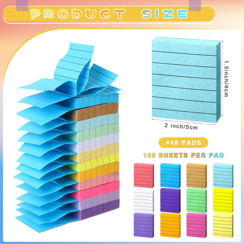 PerKoop 48 Pads, 4800 Sheets Mini Lined Sticky Notes, 1.5 x 2 Inch Bright Assorted Color Self Adhesive Memo Pads