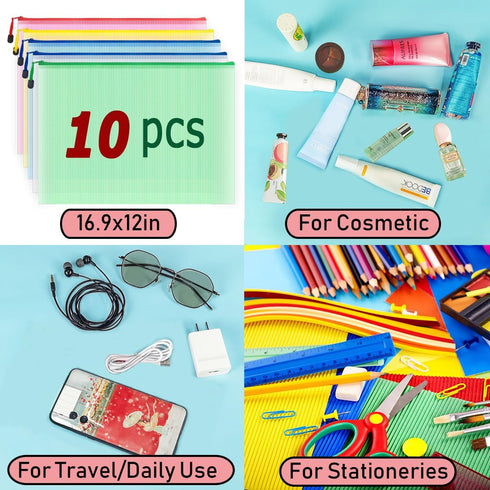 AUSTARK 10 Pcs Zipper File Bags, Waterproof Plastic Mesh Pouch for Office School Storage (A3 Size)