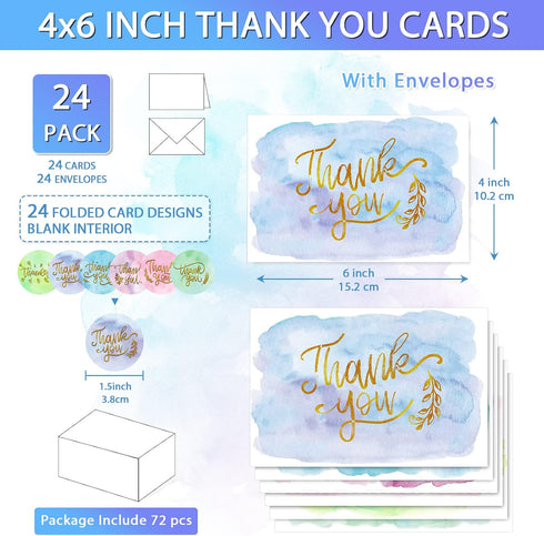 Zonon 24 Pack 2026 6 4 inch(Cute Watercolor Thank You Cards with Envelope Thank You Notes with Round Stickers Gold