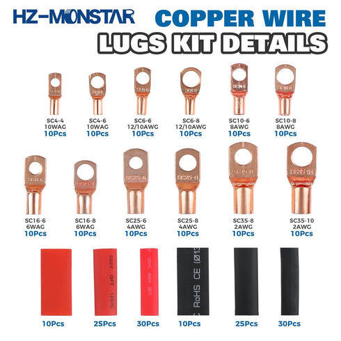240Pcs Copper Wire Lugs with Heat Shrink Set, AWG 2 4 6 8 10 12 Ring Lug Connectors