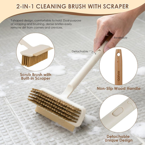 QuiVix 3 Pack Set 2-in-1 Hard Bristle Scrub Brush with Long Wooden Handle, Heavy-Duty Scrubbing Brushes with Scraper