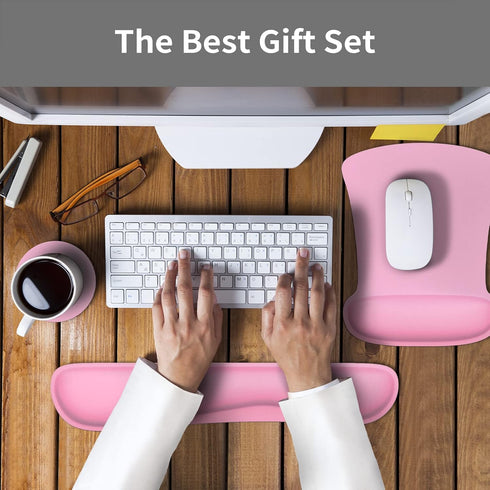 PULAIXIN Ergonomic Mouse Pad Wrist Support & Keyboard Set, Cute Memory Foam Non-Slip Rubber Base, Pink