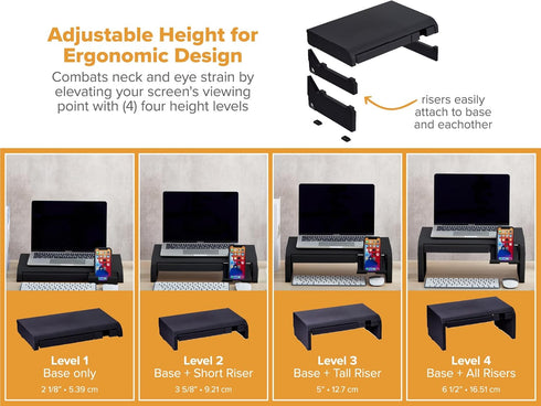 Bostitch Konnect Adjustable Monitor Riser with Drawer & Cell Phone Holder, Laptop Stand for Desk, 4 Height Levels