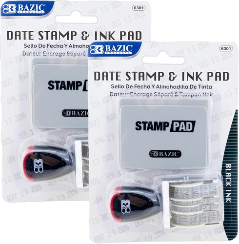 BAZIC Date Stamp and Ink Pad, 12 Years of Dates, Nickel-Plated Steel, Great for Office, 2-Pack