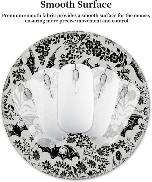 Hancynir Goth Bat Floral Mouse Pad for Desk, Gothic Small Cute Mousepad with Non-Slip Base, Round Mouse Pads