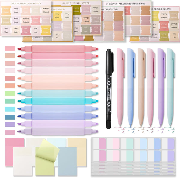 XKDOUS 42 Pcs Bible Study Supplies, Bible Journaling Kit for Women, 12 Double-Headed Bible Highlighters, 6 Pens, 90