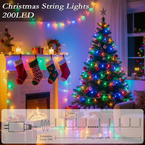 66FT 200 11 LED Christmas Tree Lights, Bright Warm White to Multicolor Outdoor Christmas String Lights for House, Fairy