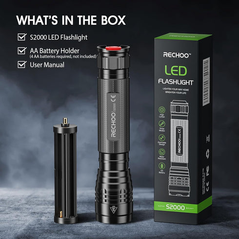 RECHOO S2000 High-Powered LED Flashlight, 2000 High Lumens, Zoomable, Water Resistant, 3 Modes for Outdoor