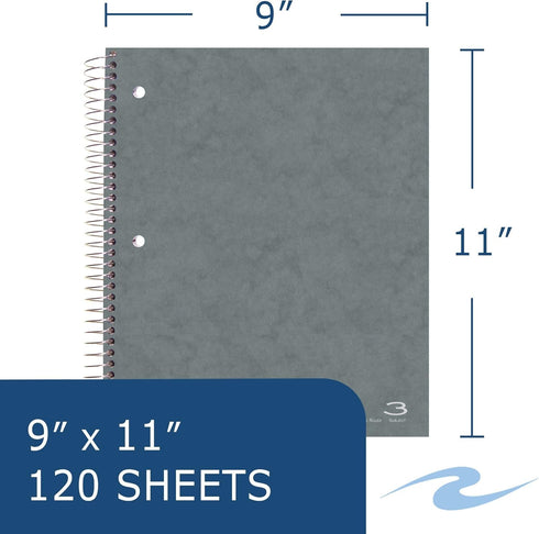 Roaring Spring College Ruled 3 Subject Spiral Notebook, Double Pockets, 11" x 9" 120 Sheets, Assorted Colors