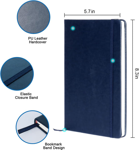 Lined Journal Notebook Dark Blue Leather for Women Men 2 Pack 8.3 x 5.7 Large College Ruled 192 Pages 80gsm Hardcover Notebooks Work Home School with Elastic Band Closure and Ribbon Bookmark