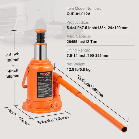 VEVOR 12 Ton Hydraulic Bottle Jack, 26455 LBS, 7.5-14 inch Lifting Range, 3-Section Long Handle for Truck, Car, RV,