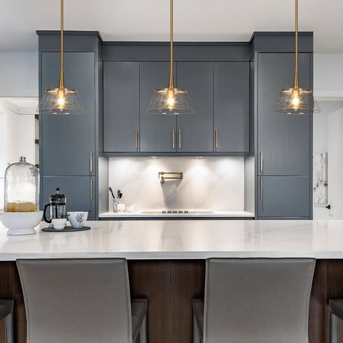 9 Inch classy leaves Gold Pendant Lights Kitchen Island, Kitchen Pendant Lighting Over Island with Seeded Glass, Modern