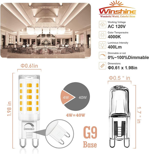 10 Pack G9 Bulb Dimmable 4W (40W 4000K T4 Bulbs G9 120V 360Beam winshine LED Halogen Equivalent) Natural Daylight