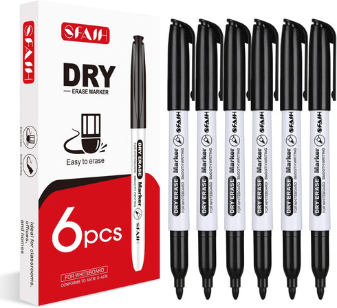 Dry Erase Markers Fine Tip - 6 Pack, Low Odor, Black, Whiteboard Markers for Kids & Adults, Fine Point
