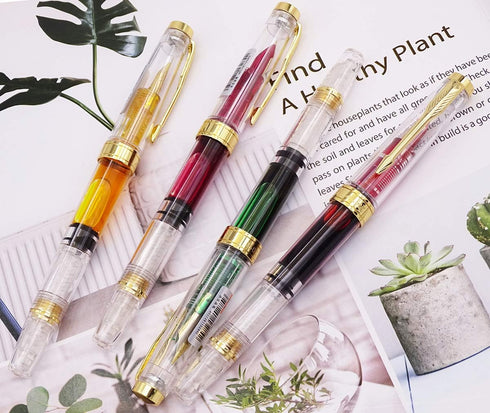 Lanxivi Yongsheng 3011 Demonstrator Clear Classical Fountain Pen, Fine Nib, Piston Filling System, Set of 4